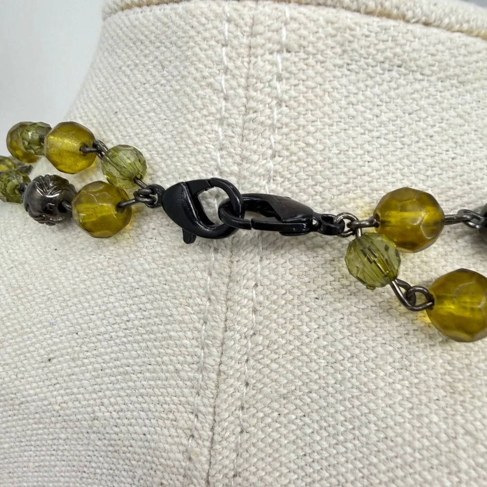 Faceted‎ Bead Necklace Green Olive Tone Metal Accents Neutral